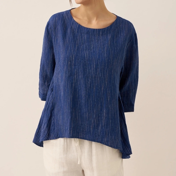 Lintico Tops - Lintico 100% Linen Florence Top Blue Women's Medium Striped Lagenlook